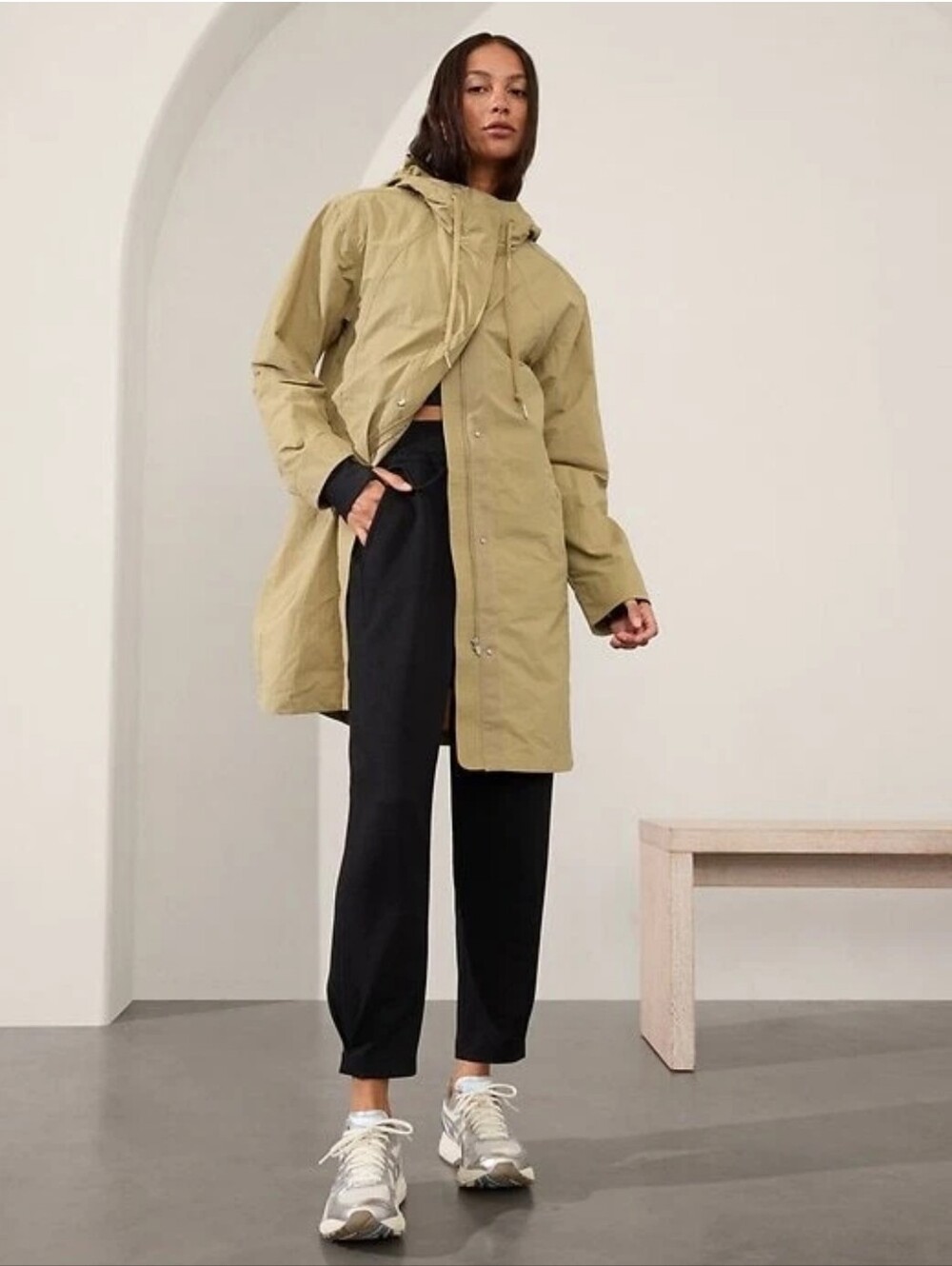 Athleta Everywhere Anorak Rain Jacket Flax Hooded Travel Coat NWT Women L